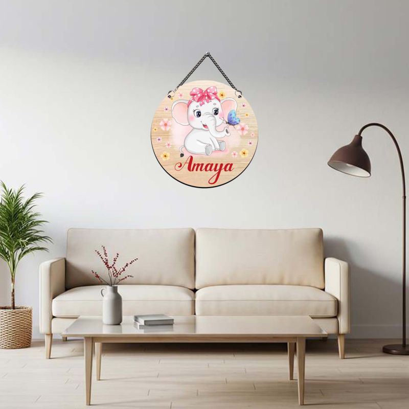 Personalized Baby Girl Elephant Wall Hanging Custom Wooden Nursery Wall Decor, Cute Floral Elephant Door Hanger for Kids Bedroom & Playroom, Unique Newborn Baby Shower Gift